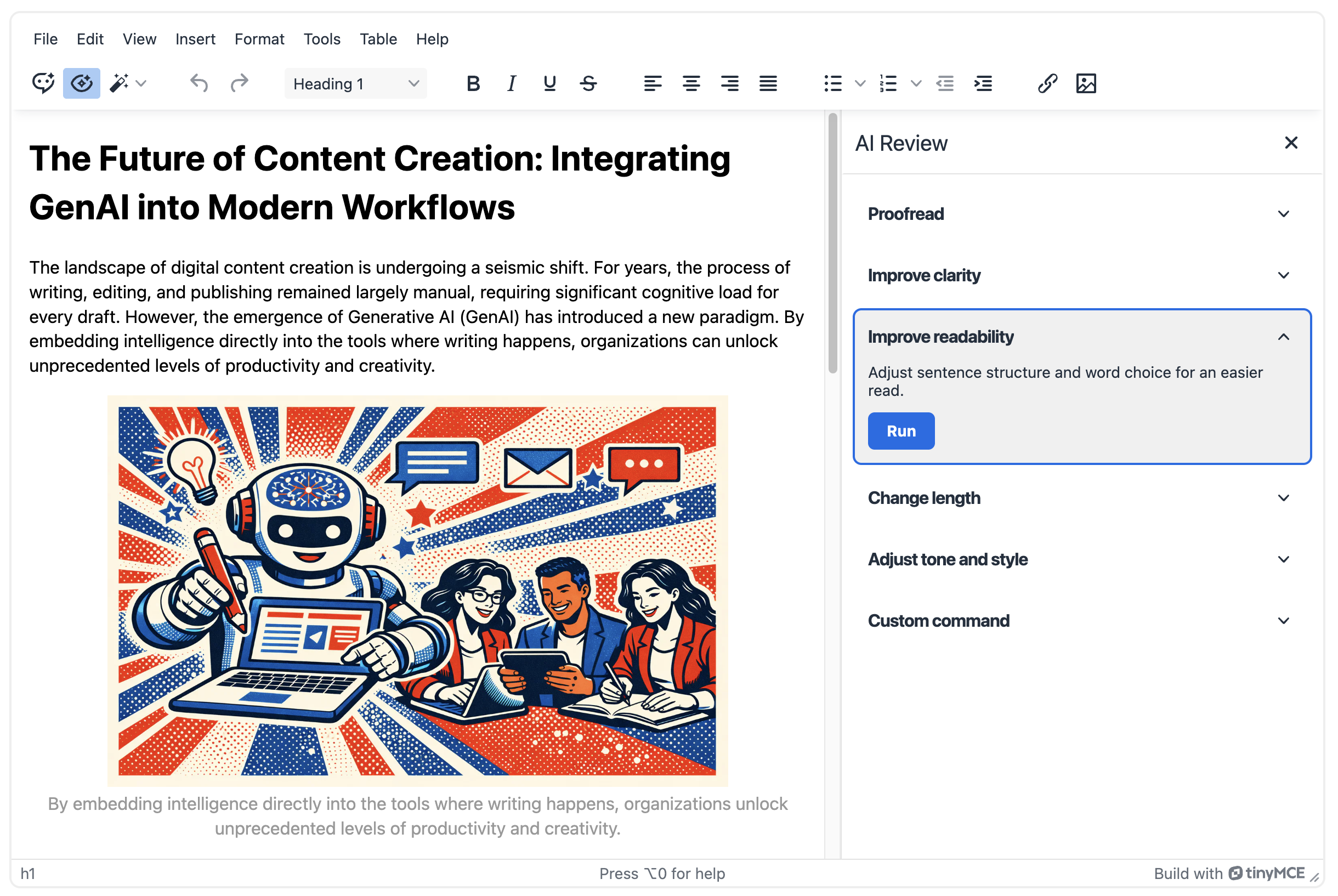 Review sidebar showing review categories with Improve readability expanded and Run available
